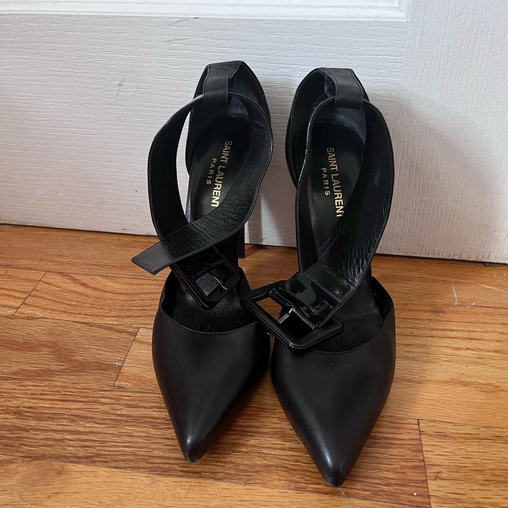 Saint Laurent black leather ankle buckle heels
